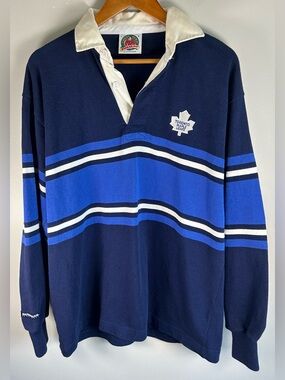 VTG Barbarian Rugby Mens Polo Shirt L Navy Blue Stripes Toronto Maple Leafs NHL